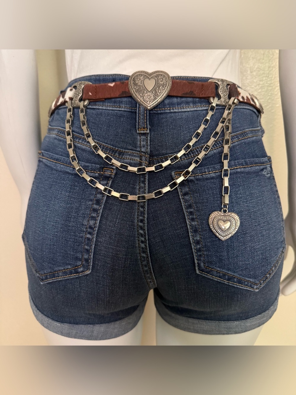 Cow print PU leather skinny belt with heart chain details